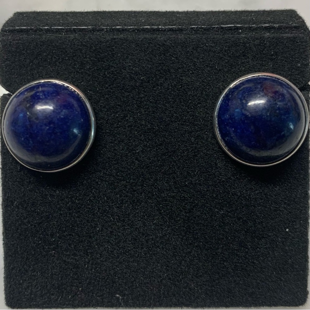 Blue Lapis Lazuli Sterling Silver Round Dome Stud Earrings 925